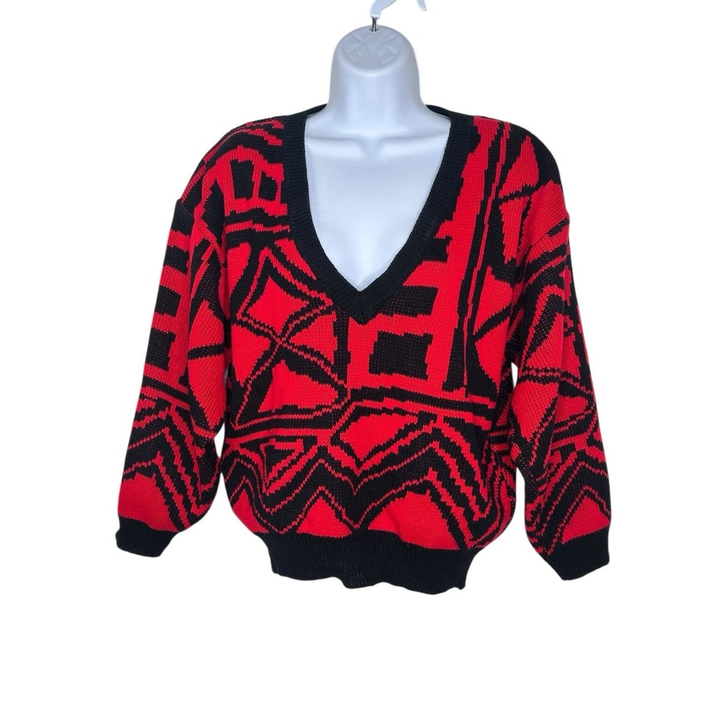Vintage Sweater Womens SMALL Black Red Geometric Knit V-Neck Pullover 80s